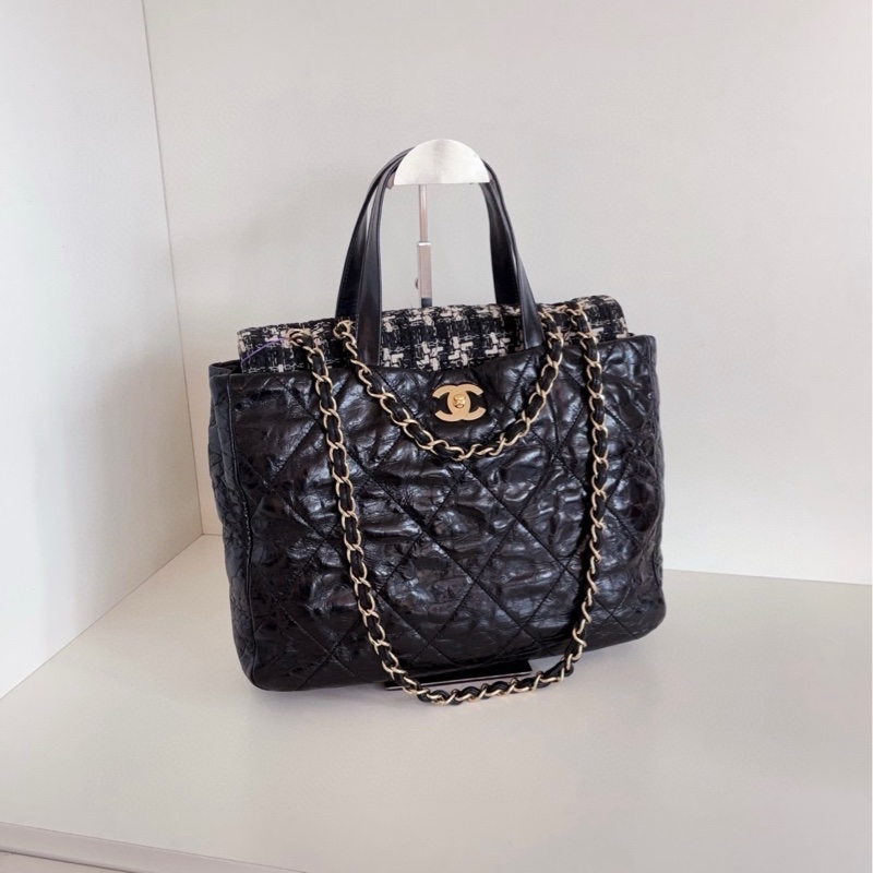 【98新🆕】Chanel 黑金孟買 牛皮拼格紋毛呢2way琴譜托特包 手提包單肩包-0