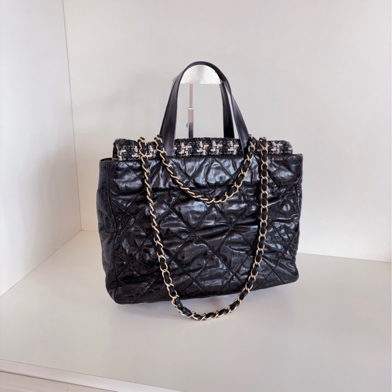 【98新🆕】Chanel 黑金孟買 牛皮拼格紋毛呢2way琴譜托特包 手提包單肩包-1