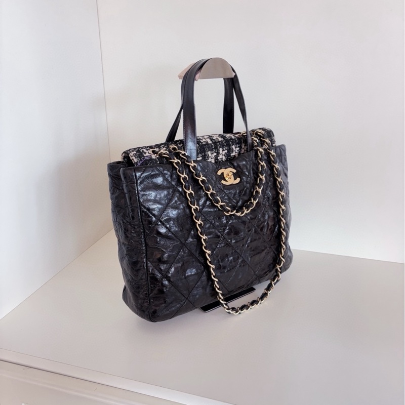 【98新🆕】Chanel 黑金孟買 牛皮拼格紋毛呢2way琴譜托特包 手提包單肩包-2