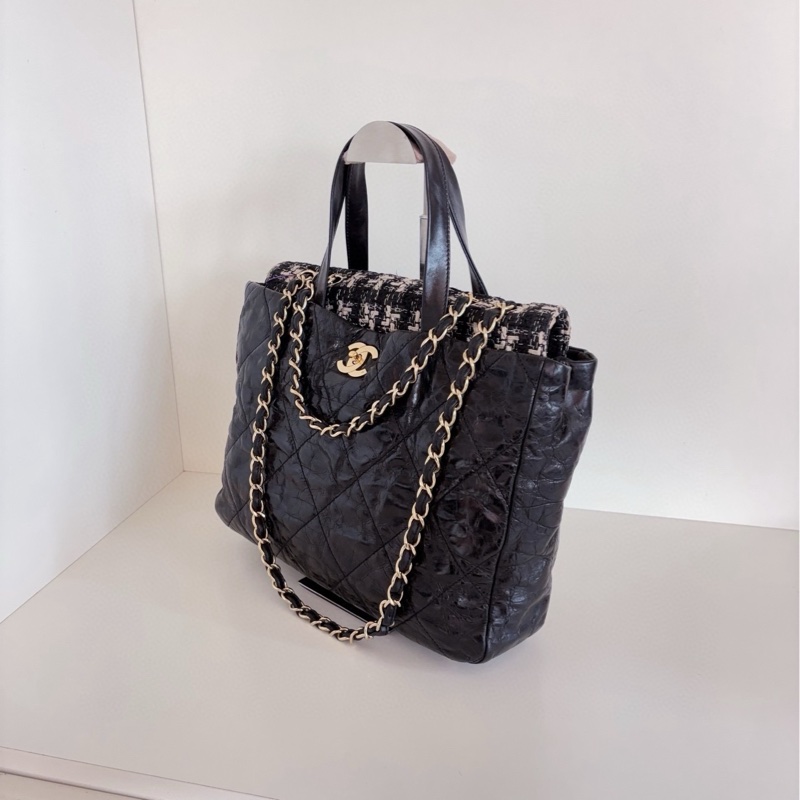【98新🆕】Chanel 黑金孟買 牛皮拼格紋毛呢2way琴譜托特包 手提包單肩包-6