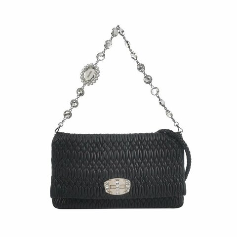 Miu Miu Miu Crystal系列羊皮純色褶皺珩縫鑽飾單肩包