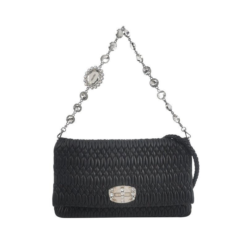 Miu Miu Miu Crystal系列羊皮純色褶皺珩縫鑽飾單肩包-0