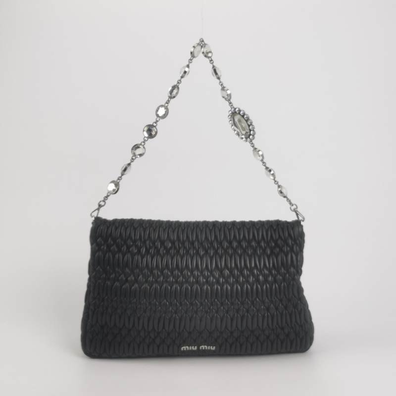 Miu Miu Miu Crystal系列羊皮純色褶皺珩縫鑽飾單肩包-4
