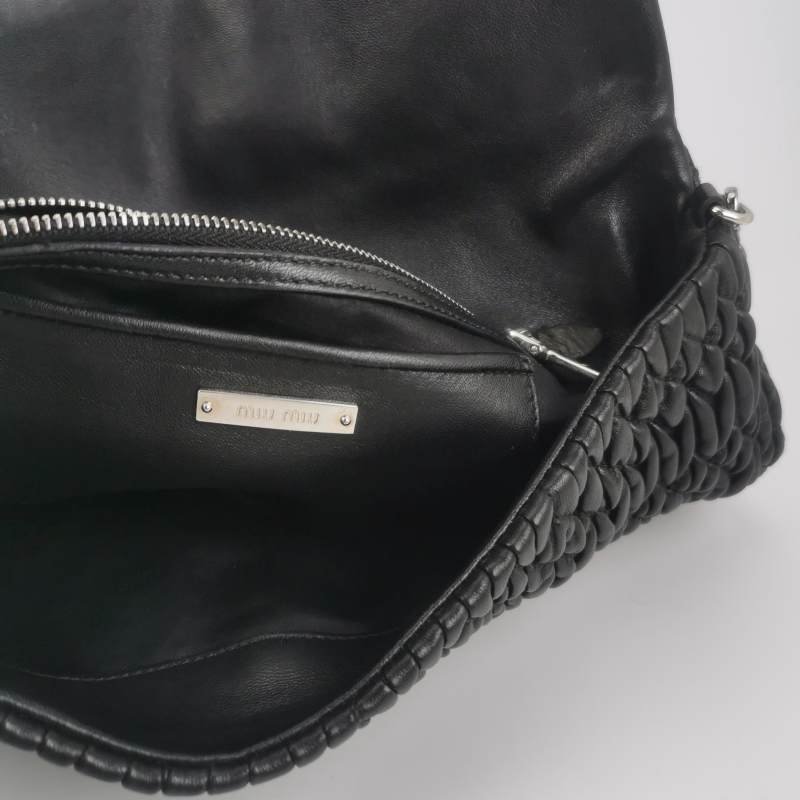 Miu Miu Miu Crystal系列羊皮純色褶皺珩縫鑽飾單肩包-7