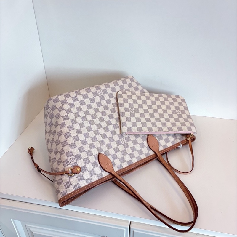 【97新🆕】LV NF neverfull 中號 白棋盤 手提包-3