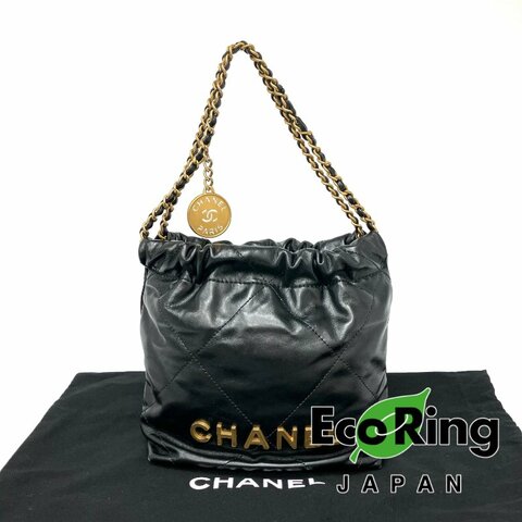 △ Chanel 香奈兒 Mini 22Bag Black Calfskin Gold Tone Metal Chain 2Way Bag AS3980 黑色小牛皮金色金屬鏈條兩用袋 AS3980 -257025692