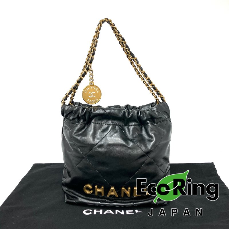 △ Chanel 香奈兒 Mini 22Bag Black Calfskin Gold Tone Metal Chain 2Way Bag AS3980 黑色小牛皮金色金屬鏈條兩用袋 AS3980 -257025692-0