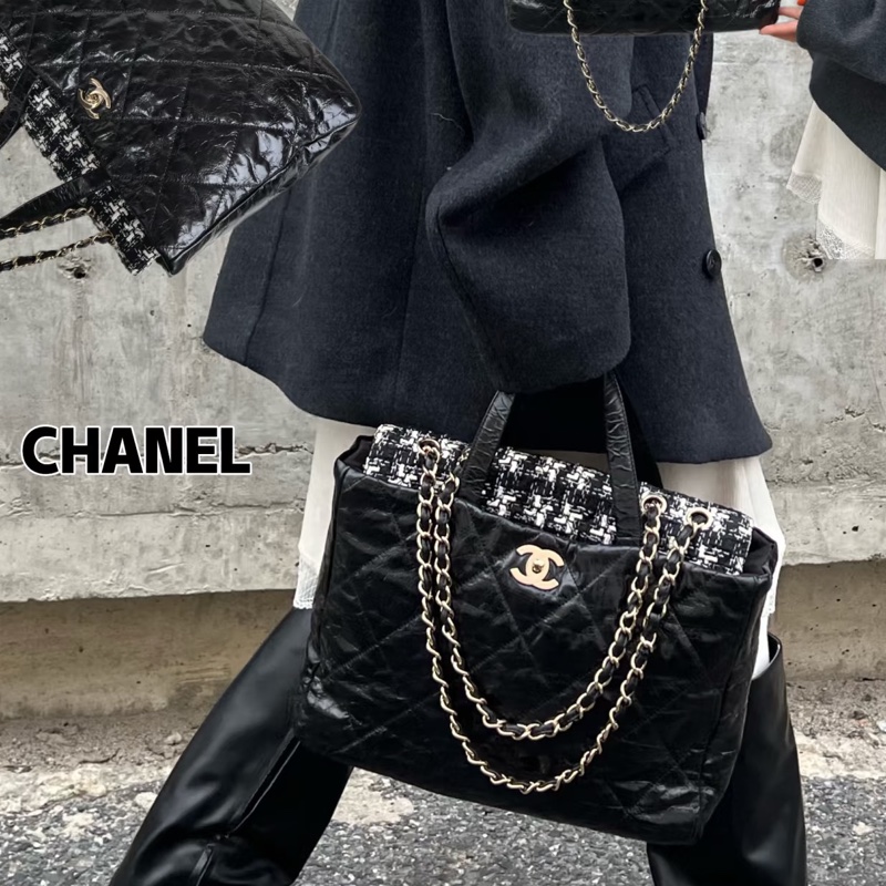 Chanel • 孟買 黑金做舊油蠟牛皮拼格紋毛呢 托特 2way-1