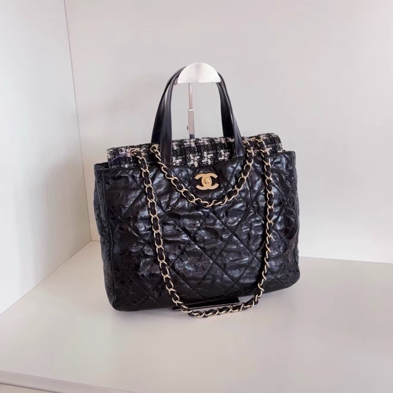 Chanel • 孟買 黑金做舊油蠟牛皮拼格紋毛呢 托特 2way-2