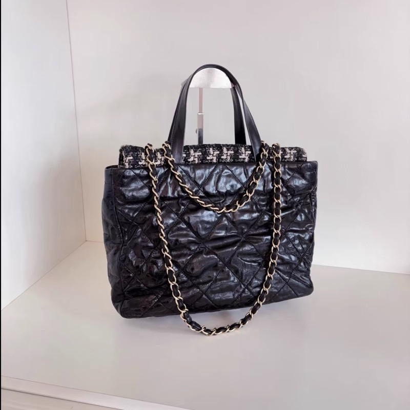 Chanel • 孟買 黑金做舊油蠟牛皮拼格紋毛呢 托特 2way-3