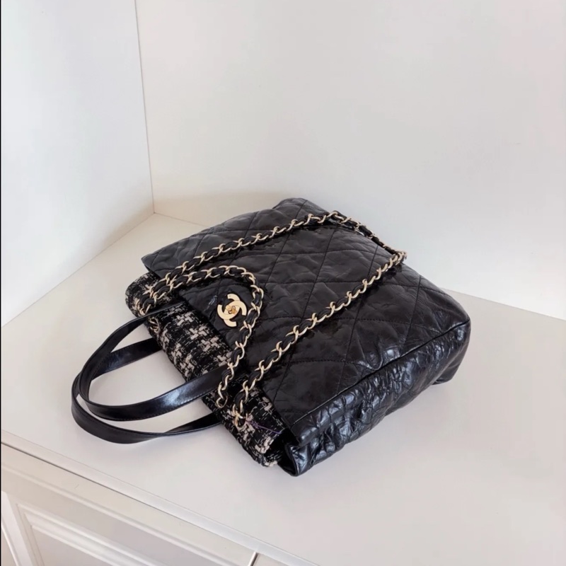 Chanel • 孟買 黑金做舊油蠟牛皮拼格紋毛呢 托特 2way-5