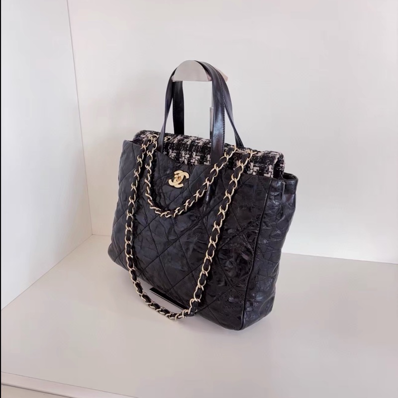 Chanel • 孟買 黑金做舊油蠟牛皮拼格紋毛呢 托特 2way-6