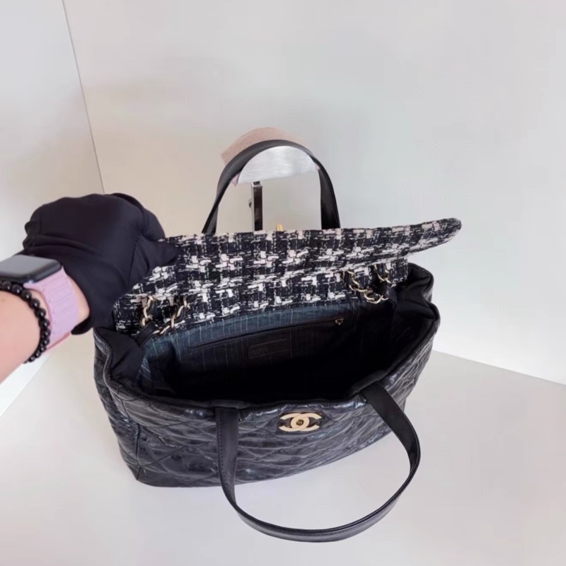 Chanel • 孟買 黑金做舊油蠟牛皮拼格紋毛呢 托特 2way-8