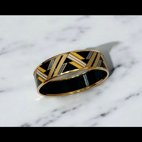 Hermes金邊黑底V型紋琺瑯手環