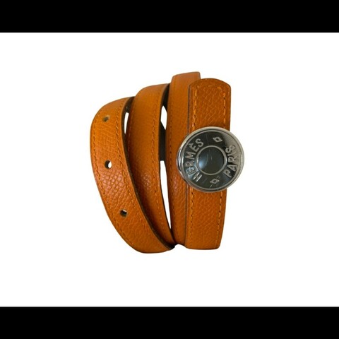 Hermes橙棕雙面銀釦細皮帶