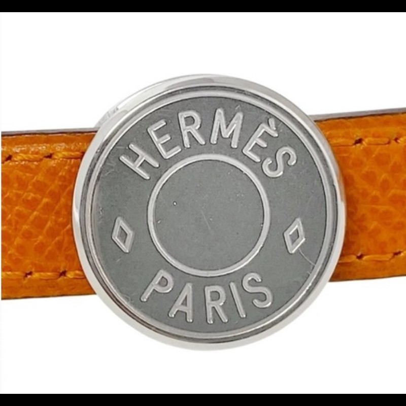 Hermes橙棕雙面銀釦細皮帶-2
