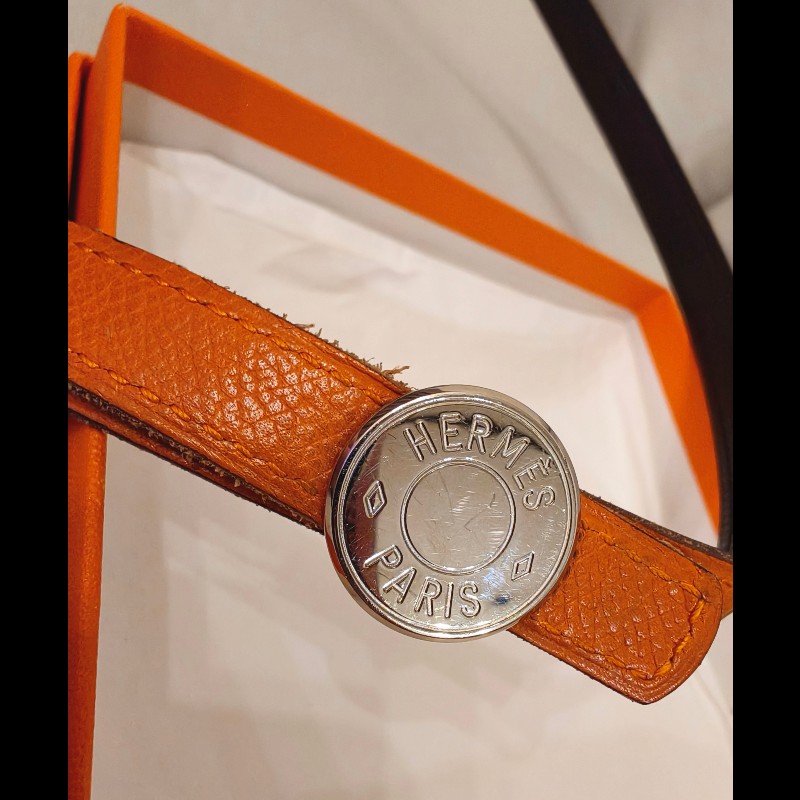 Hermes橙棕雙面銀釦細皮帶-4