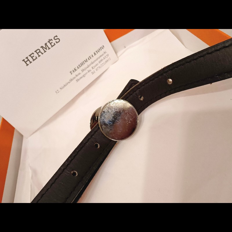Hermes橙棕雙面銀釦細皮帶-6