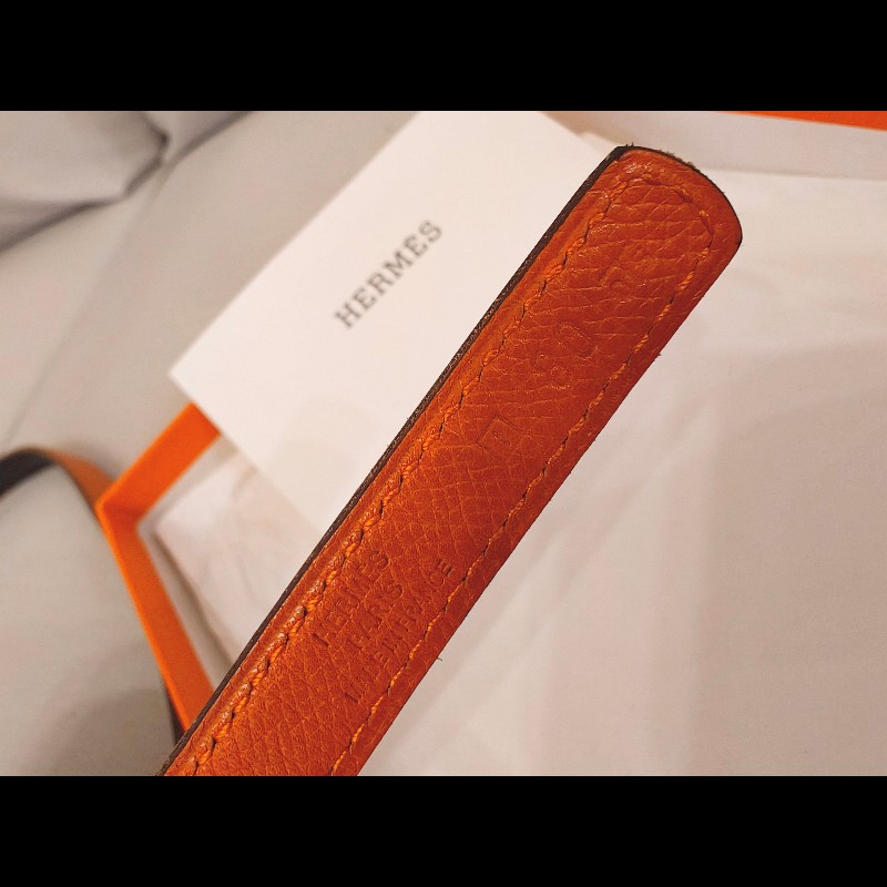 Hermes橙棕雙面銀釦細皮帶-7