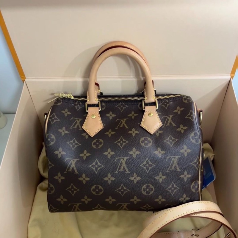 【2026年1月購證 全新大全套✨】LV Speedy25 經典老花手提斜挎包搭黑色肩帶芯片款-0