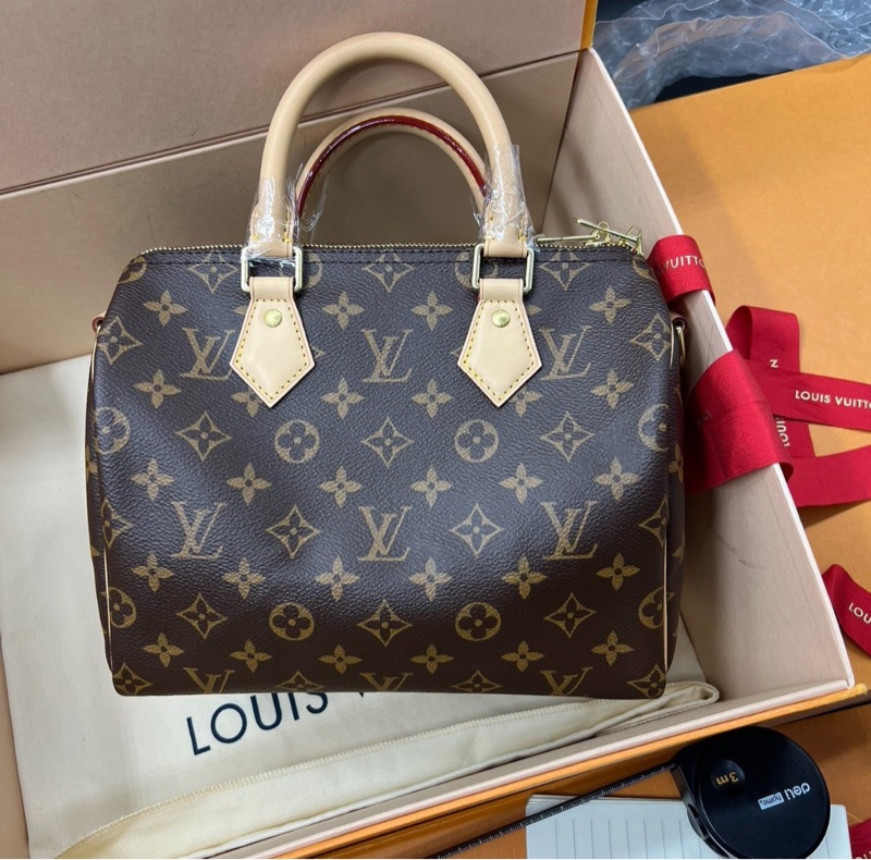 【2026年1月購證 全新大全套✨】LV Speedy25 經典老花手提斜挎包搭黑色肩帶芯片款-2
