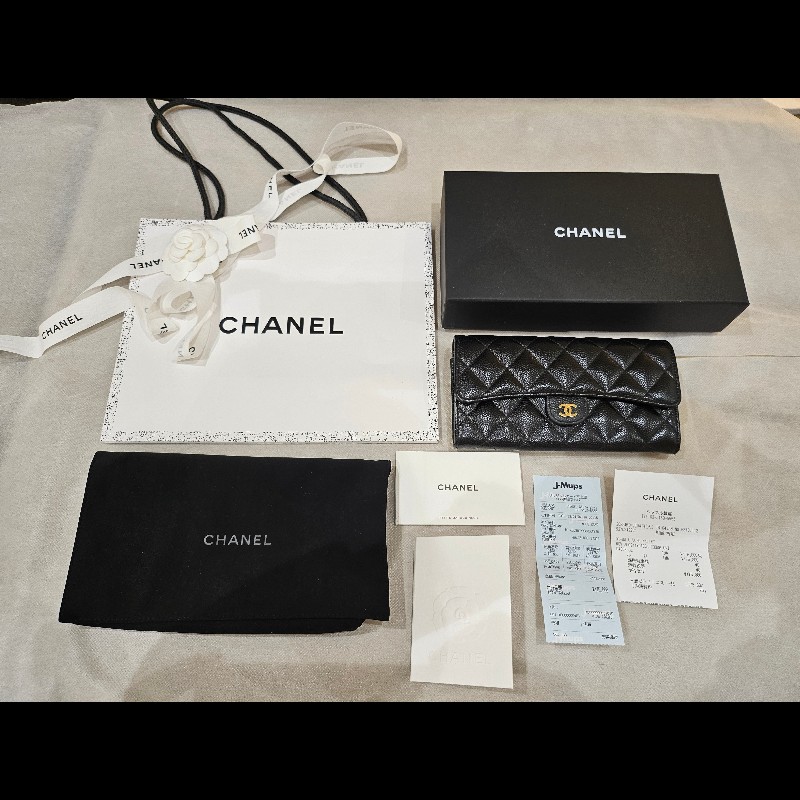 CHANEL 香奈兒 經典金色logo 菱格粒紋牛皮 長夾-0