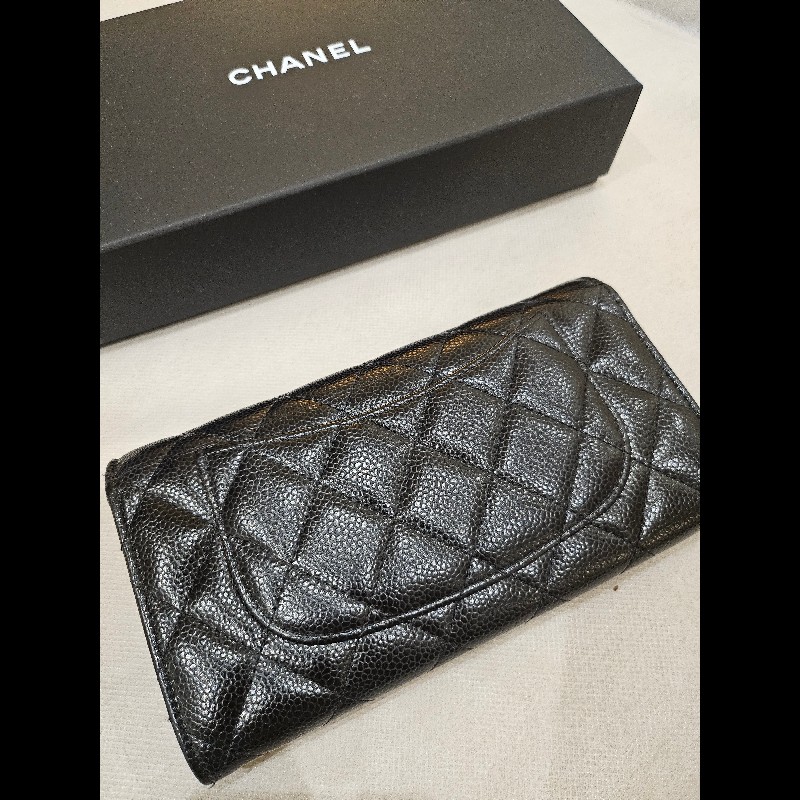 CHANEL 香奈兒 經典金色logo 菱格粒紋牛皮 長夾-6