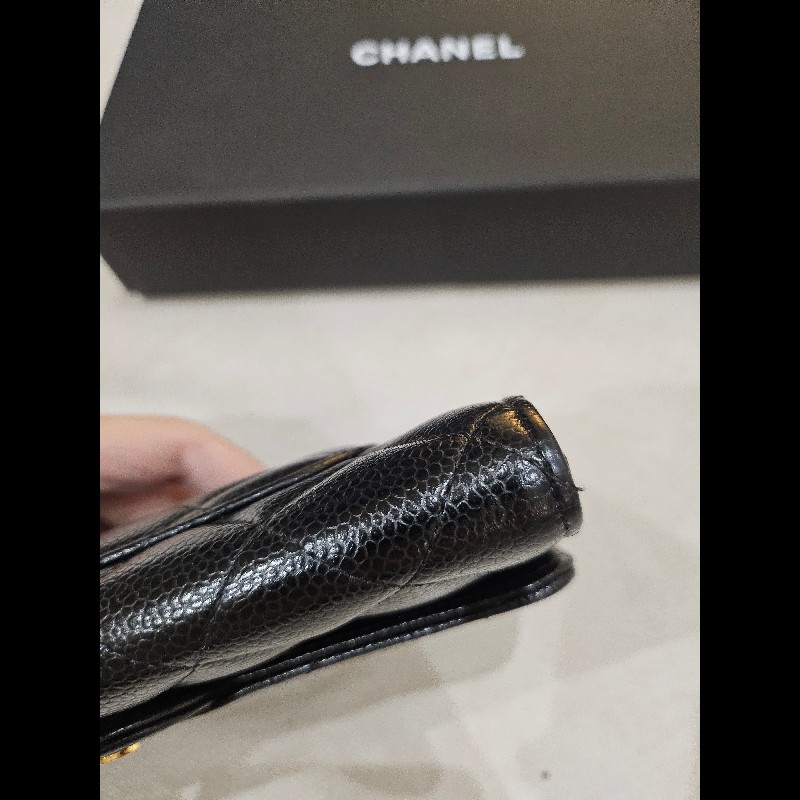 CHANEL 香奈兒 經典金色logo 菱格粒紋牛皮 長夾-7
