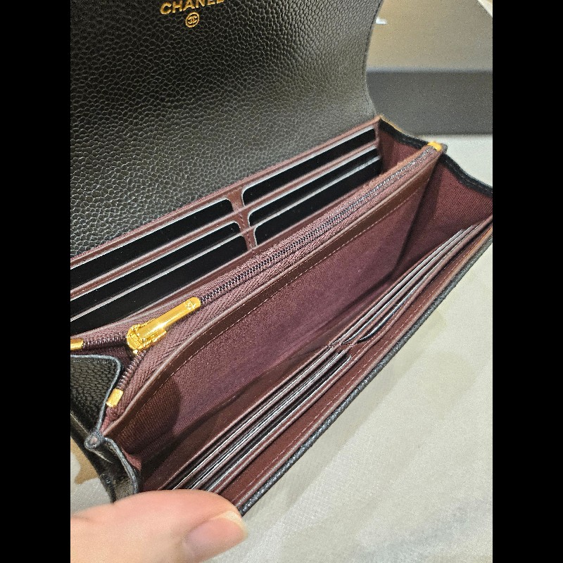 CHANEL 香奈兒 經典金色logo 菱格粒紋牛皮 長夾-9