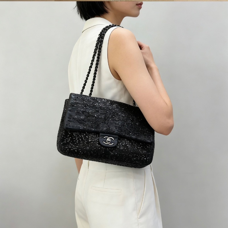 CHANEL黑銀亮片CF肩背斜背包31*20*8 98新配件塵袋-0