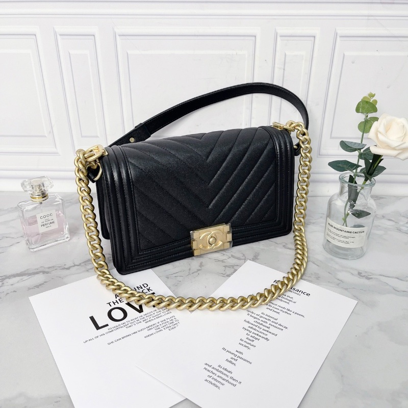 CHANEL黑金V紋荔枝牛皮芯片leboy中號鏈條斜背包25×15×9 全新閒置配件塵袋盒子購證-3