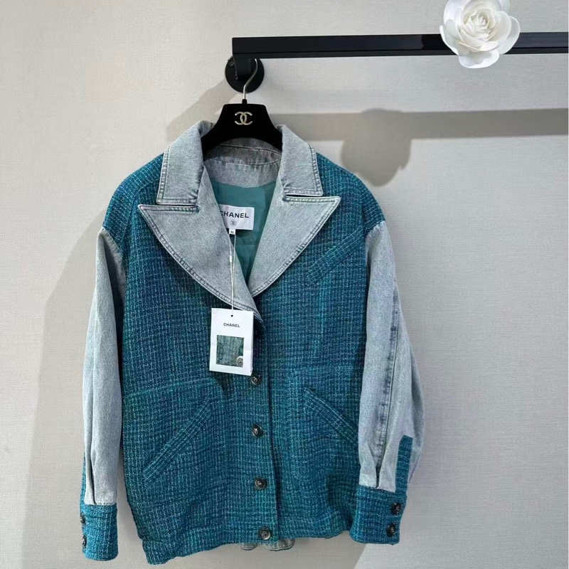 Chanel香奈兒孔雀藍廓形牛仔編織外套尺寸36-0