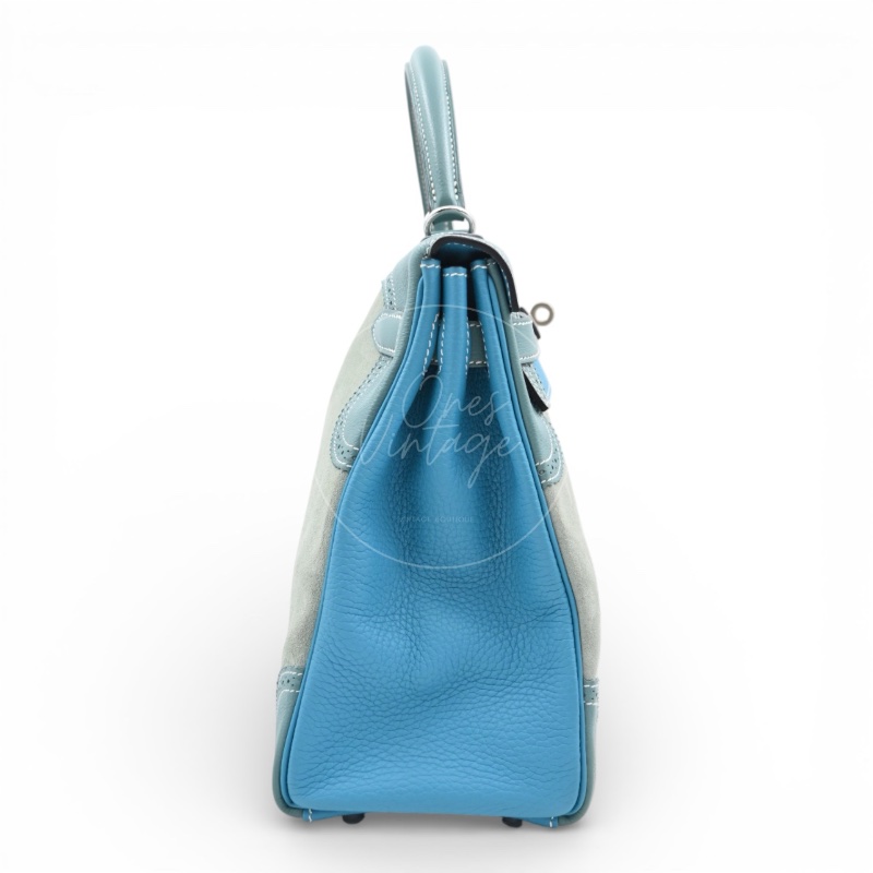 [Pre-owned] Hermes Kelly Ghillies 32 Turquoise Doblis Suede Clemence Evercolor Tricolour PHW Bag-1