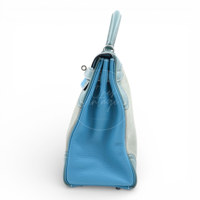 [Pre-owned] Hermes Kelly Ghillies 32 Turquoise Doblis Suede Clemence Evercolor Tricolour PHW Bag-2