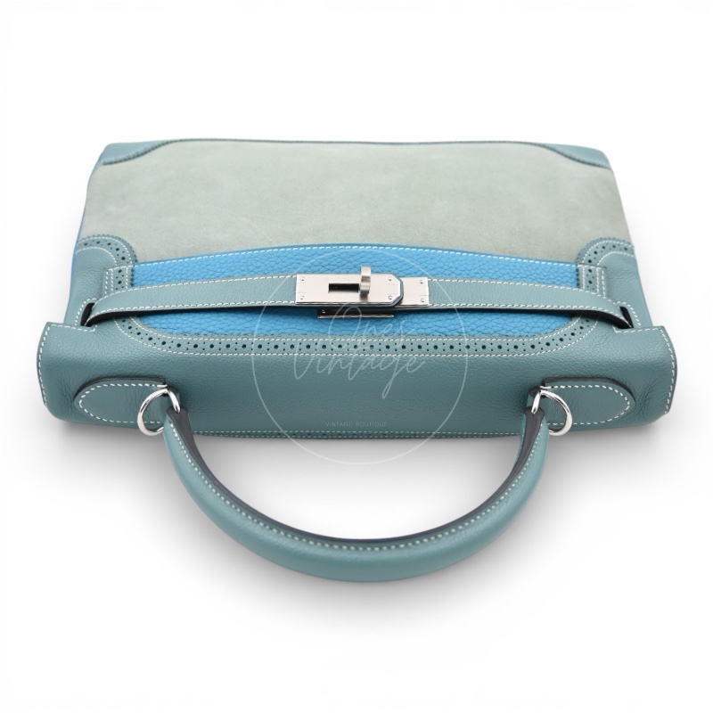 [Pre-owned] Hermes Kelly Ghillies 32 Turquoise Doblis Suede Clemence Evercolor Tricolour PHW Bag-3