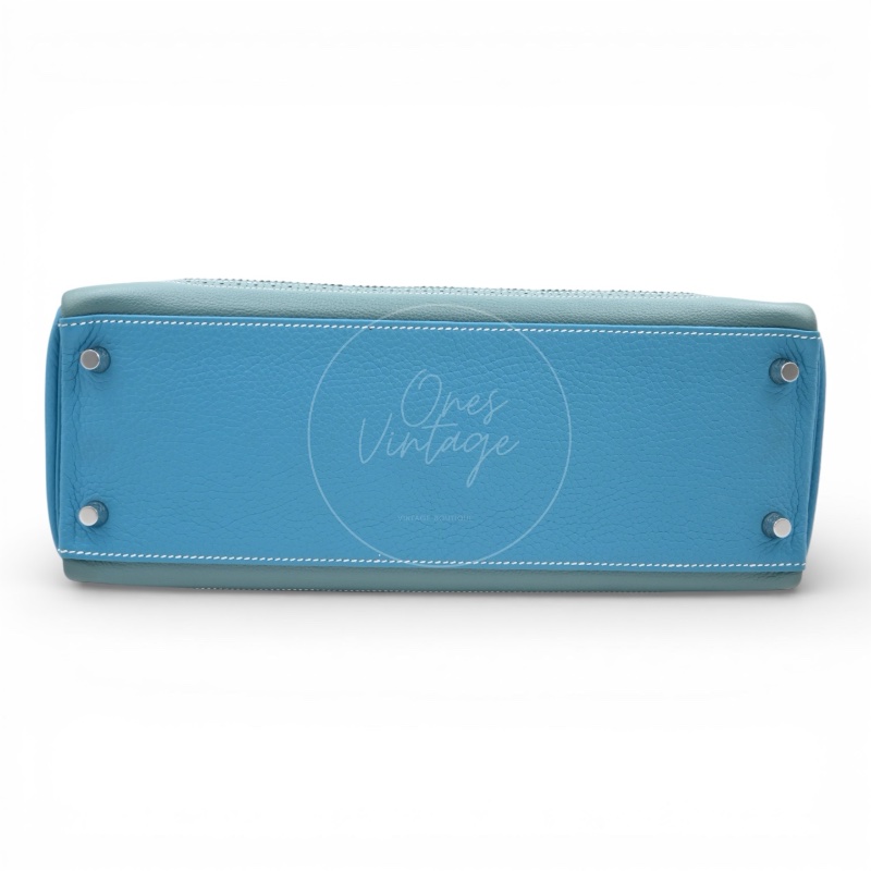 [Pre-owned] Hermes Kelly Ghillies 32 Turquoise Doblis Suede Clemence Evercolor Tricolour PHW Bag-4