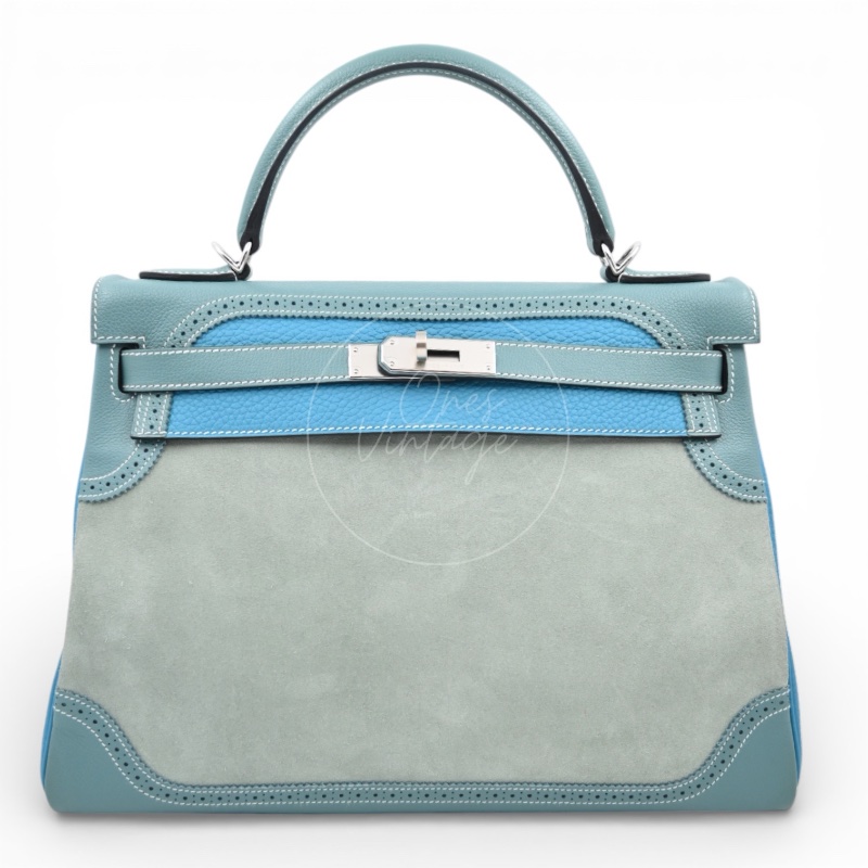 [Pre-owned] Hermes Kelly Ghillies 32 Turquoise Doblis Suede Clemence Evercolor Tricolour PHW Bag-6