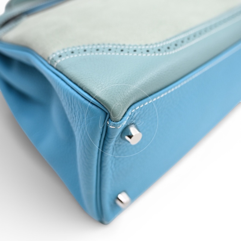 [Pre-owned] Hermes Kelly Ghillies 32 Turquoise Doblis Suede Clemence Evercolor Tricolour PHW Bag-9