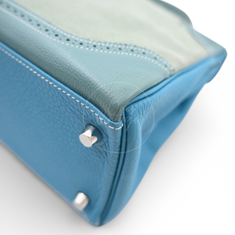 [Pre-owned] Hermes Kelly Ghillies 32 Turquoise Doblis Suede Clemence Evercolor Tricolour PHW Bag-10