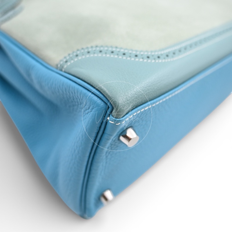 [Pre-owned] Hermes Kelly Ghillies 32 Turquoise Doblis Suede Clemence Evercolor Tricolour PHW Bag-11