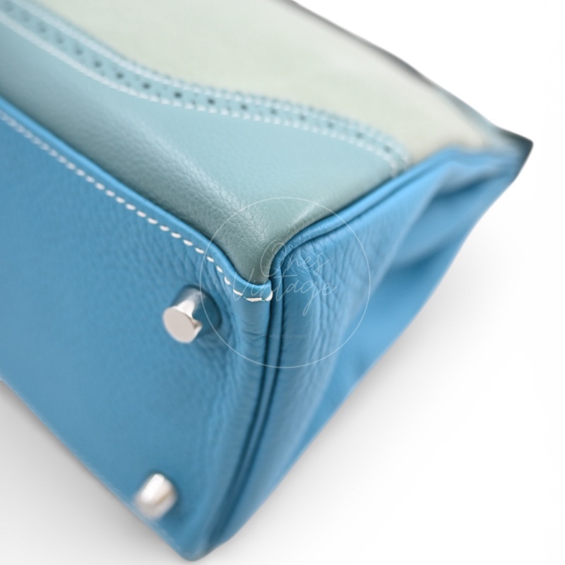 [Pre-owned] Hermes Kelly Ghillies 32 Turquoise Doblis Suede Clemence Evercolor Tricolour PHW Bag-12