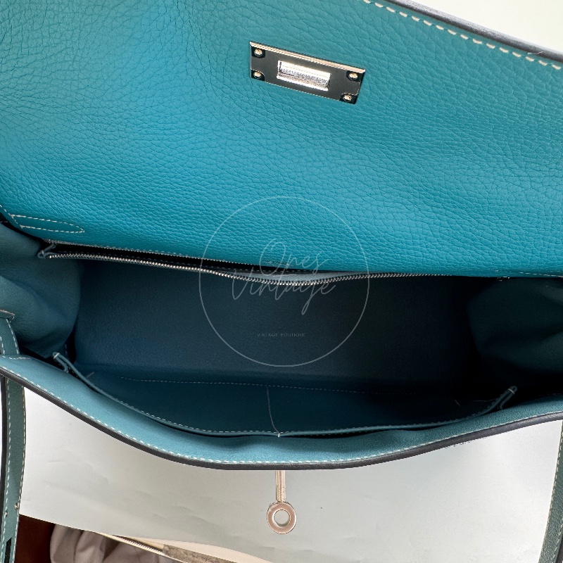 [Pre-owned] Hermes Kelly Ghillies 32 Turquoise Doblis Suede Clemence Evercolor Tricolour PHW Bag-13