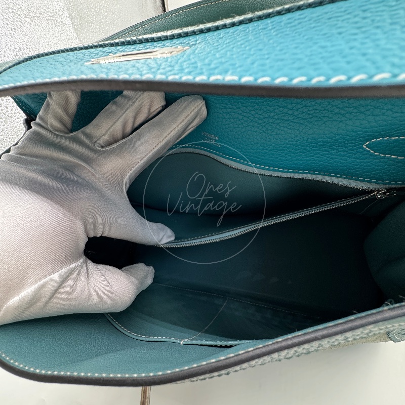 [Pre-owned] Hermes Kelly Ghillies 32 Turquoise Doblis Suede Clemence Evercolor Tricolour PHW Bag-14