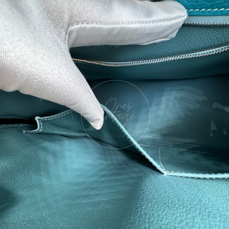 [Pre-owned] Hermes Kelly Ghillies 32 Turquoise Doblis Suede Clemence Evercolor Tricolour PHW Bag-16
