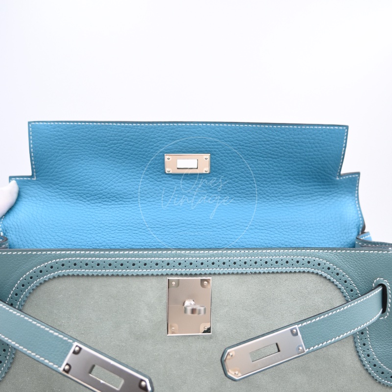 [Pre-owned] Hermes Kelly Ghillies 32 Turquoise Doblis Suede Clemence Evercolor Tricolour PHW Bag-17