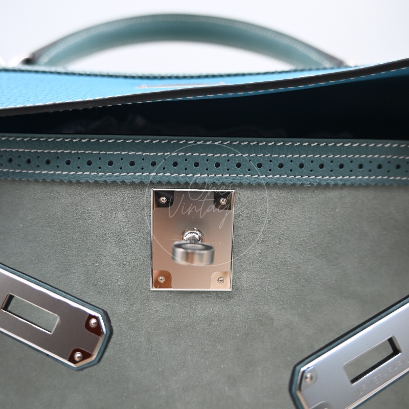 [Pre-owned] Hermes Kelly Ghillies 32 Turquoise Doblis Suede Clemence Evercolor Tricolour PHW Bag-22