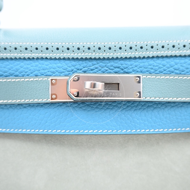 [Pre-owned] Hermes Kelly Ghillies 32 Turquoise Doblis Suede Clemence Evercolor Tricolour PHW Bag-23