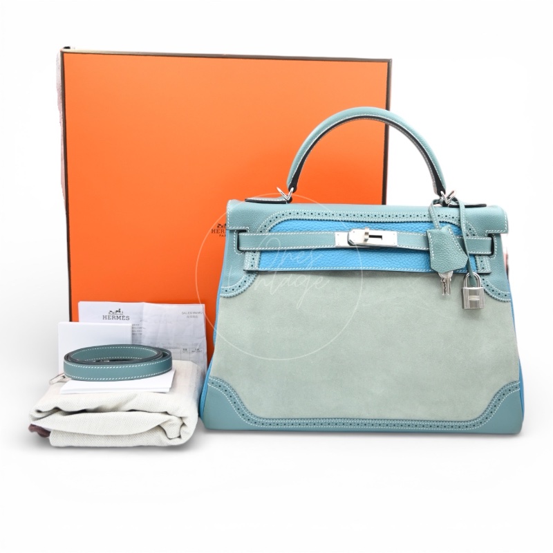[Pre-owned] Hermes Kelly Ghillies 32 Turquoise Doblis Suede Clemence Evercolor Tricolour PHW Bag-30