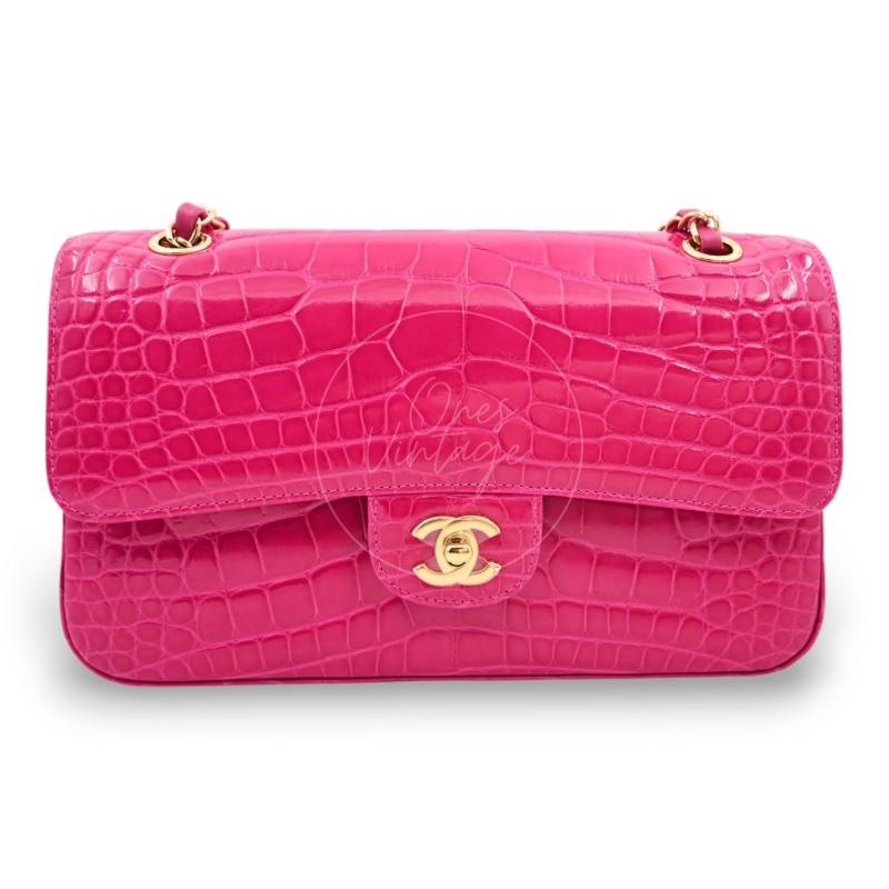 [Pre-owned] Chanel Shiny Pink Alligator GHW Medium Classic Flap Bag-0