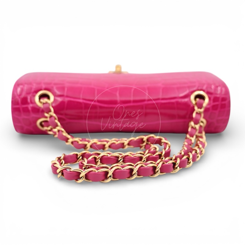 [Pre-owned] Chanel Shiny Pink Alligator GHW Medium Classic Flap Bag-4